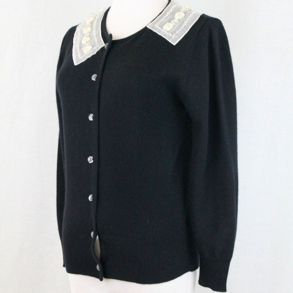 Trelise Cooper Pure Cashmere Cardigan Beaded Silk Lace Collar, Crystal Buttons - Picture 2 of 9